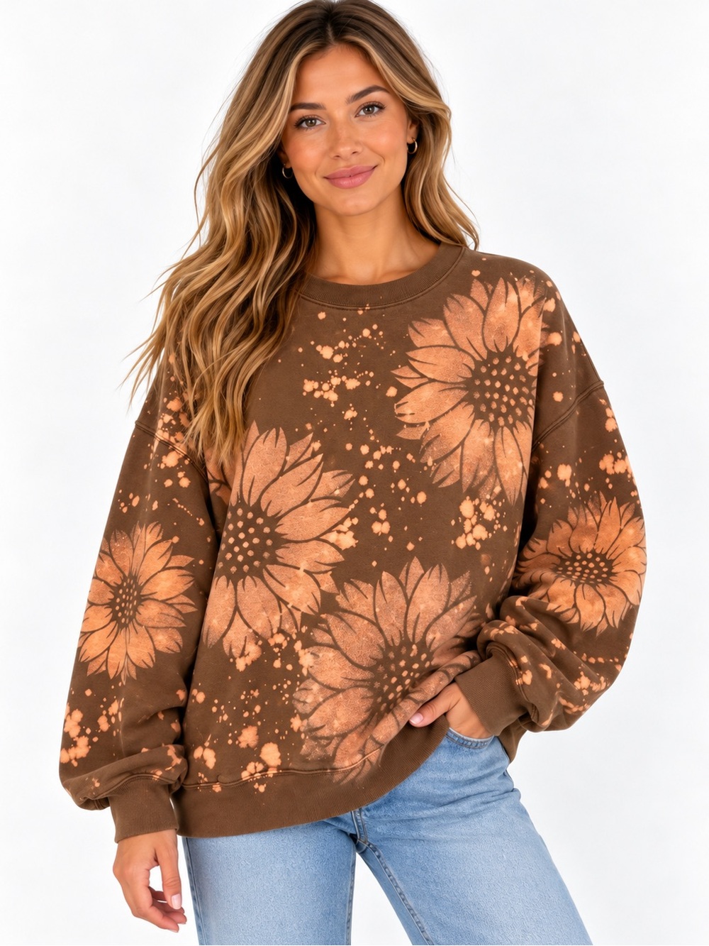 John Galt Custom Sunflower Bleach Dyed Oversized Crewneck Sweatshirt Brown